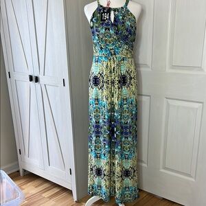 Cynthia Rowley Blue and Green Maxi Dress with Key hole front Sz 6
